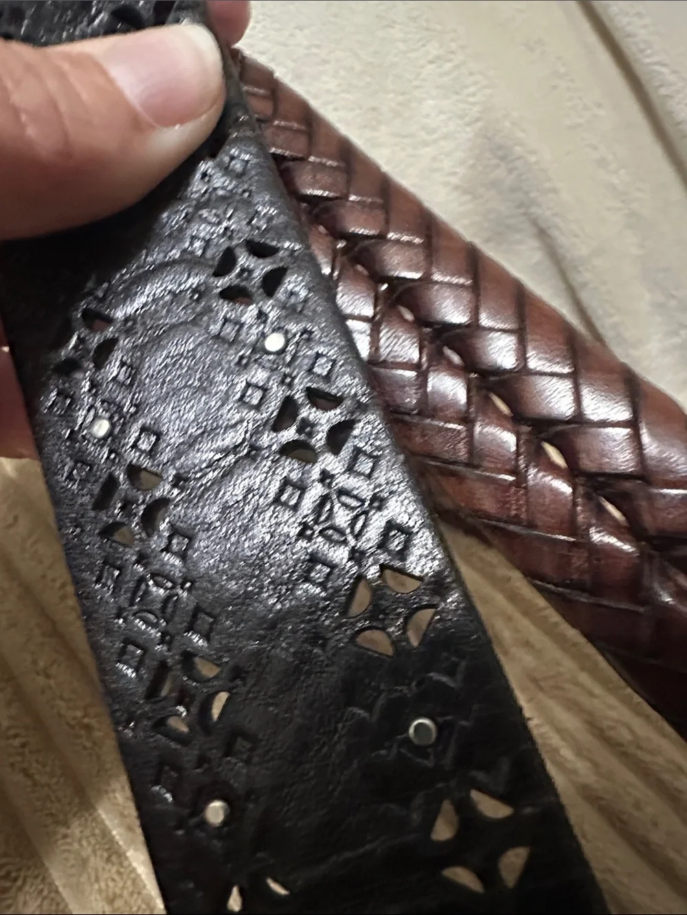 Fossil Black Laser-Cut Leather Belt with Silver Ring Buckle